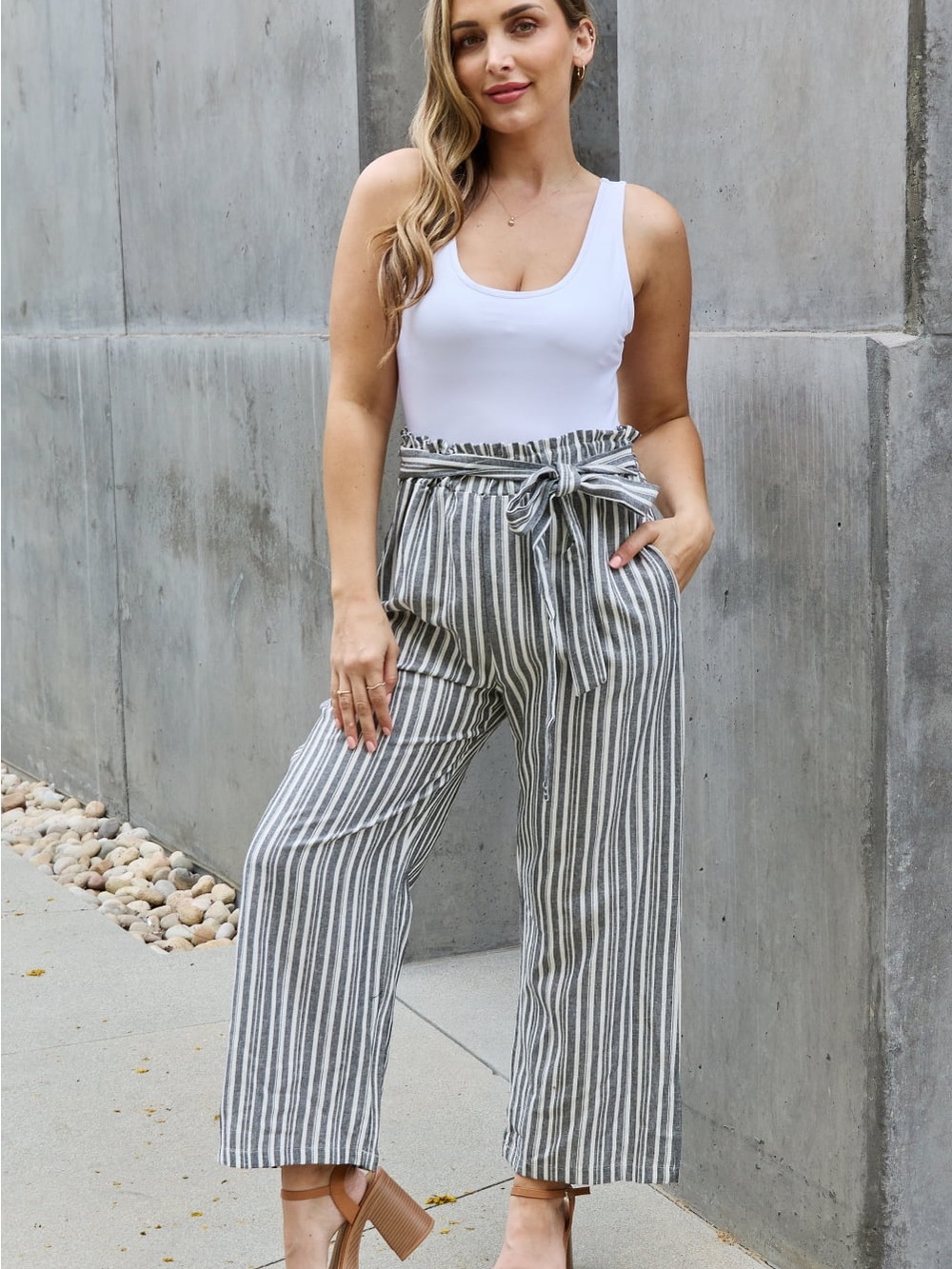 100% Linen Striped Paperbag Waist Pants